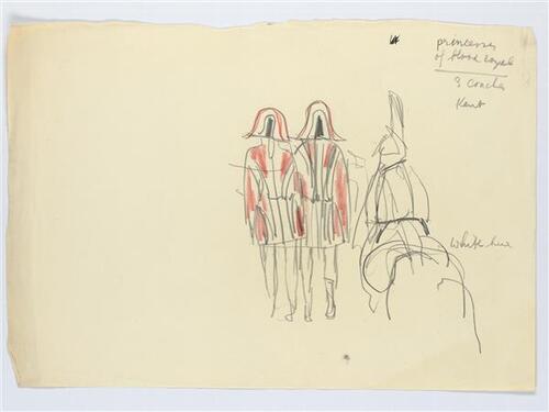 Illustratie van drie guards te paard met klokvormige hoeden