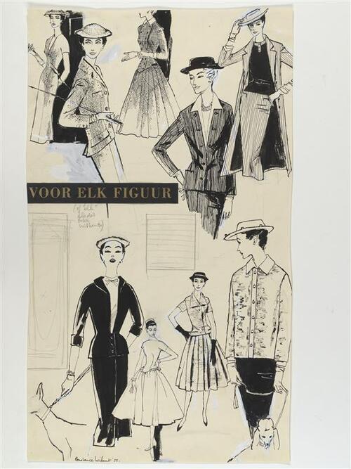Modetekening van deux-pièces Dior, jurk Balmain, deux-pièces Fath, mantel en japon Balmain en jurk…