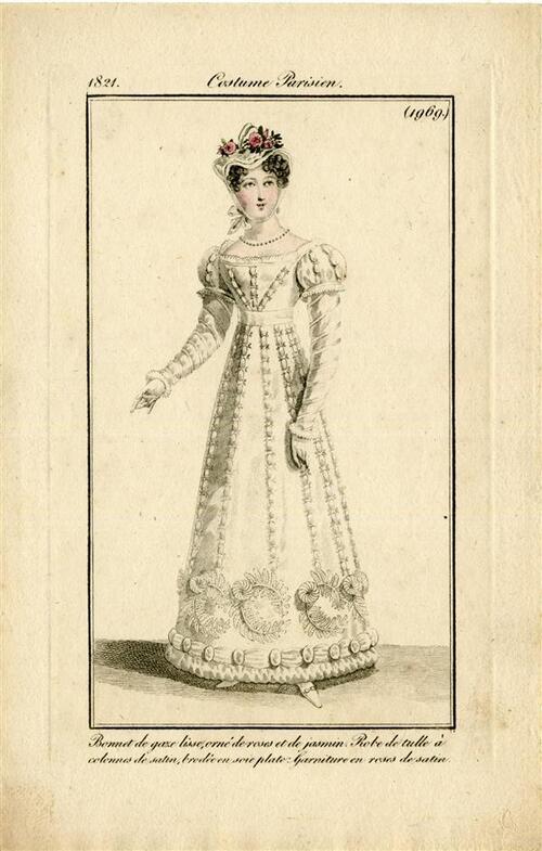 Costume Parisien 'Bonnet de gaze lisse, orné de roses et de jasmin. Robe de tulle à colonnes de…