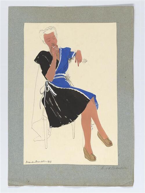 Ontwerptekening van mevrouw van Hoey Smith-Bollaard, gekleed in jurk met overslag en strik in blauw…