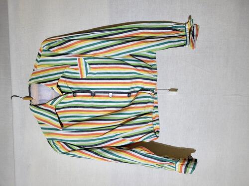 Blouse van groen/geel/wit/oranje/zwart gestreepte katoenen gordijnstof
