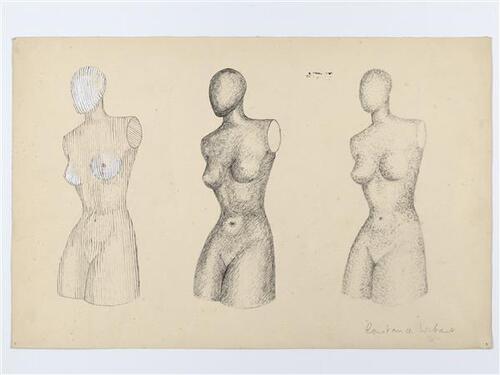 Tekening van drie vrouwentorsen met gestileerd hoofd
