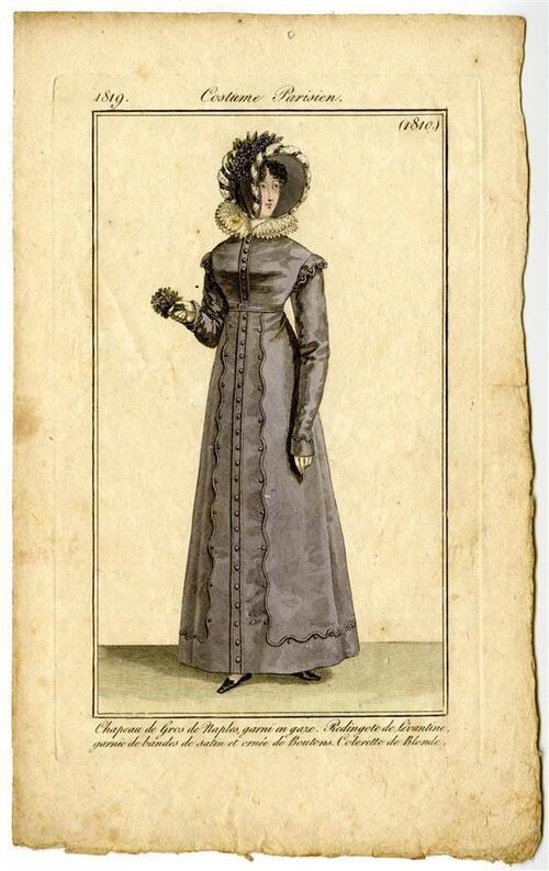 Costume Parisien 'Chapeau de Gros de Naples, garni en gaze. Redingote de Lévantine, garnie de…