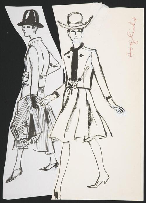 Modetekening van trois-pièces Dior en trois-pièces Patou