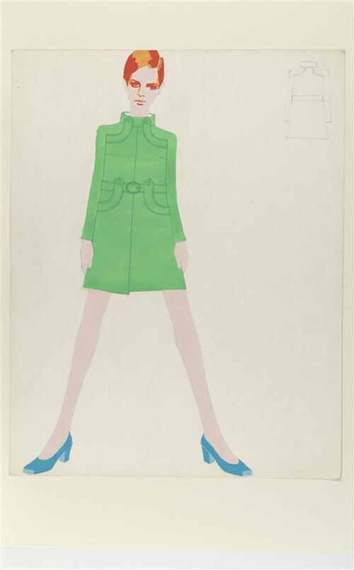 Ontwerptekening van groene minimantel en blauwe schoenen