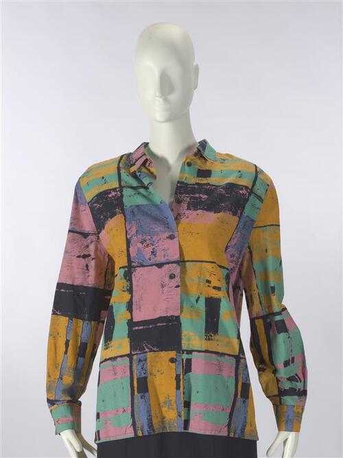 Blouse, katoen in geel/groen/roze/zwart/blauwe fantasieruit