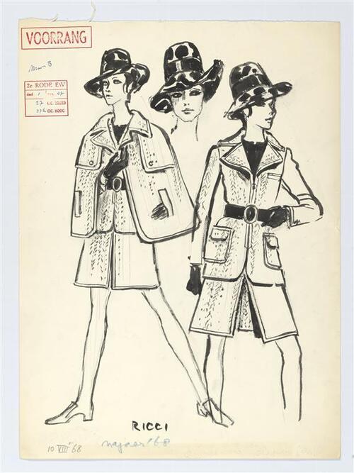 Modetekening van ensemble Ricci, bestaande uit blouse, rok, jasje en cape