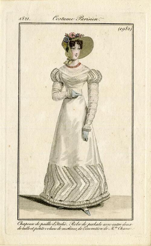Costume Parisien 'Chapeau de paille d'Italie. Robe de perkale avec entre deux de tulle et petits…
