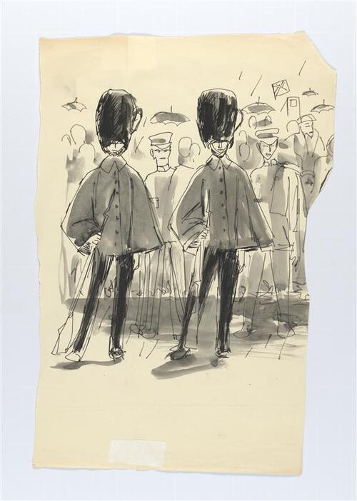 Illustratie van twee wachters van Buckingham Palace, waarachter menigte