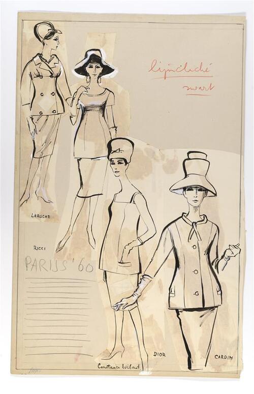Modetekening van deux-pièces van respectievelijk Cardin, Dior, Ricci en Laroche