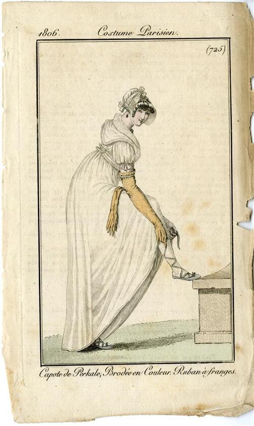 Costume Parisien 'Capote de Perkale, Brodée en Couleur. Ruban à franges'