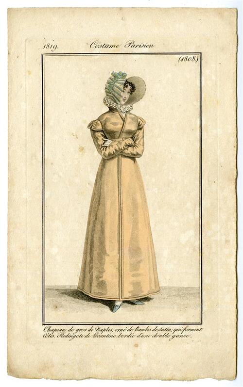 Costume Parisien 'Chapeau de gros de Naples, orné de Bandes de satin, quiforment Côtes. Redingote…