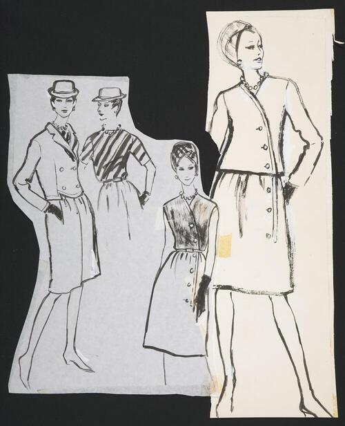 Modetekening van twee trois-pièces Dior