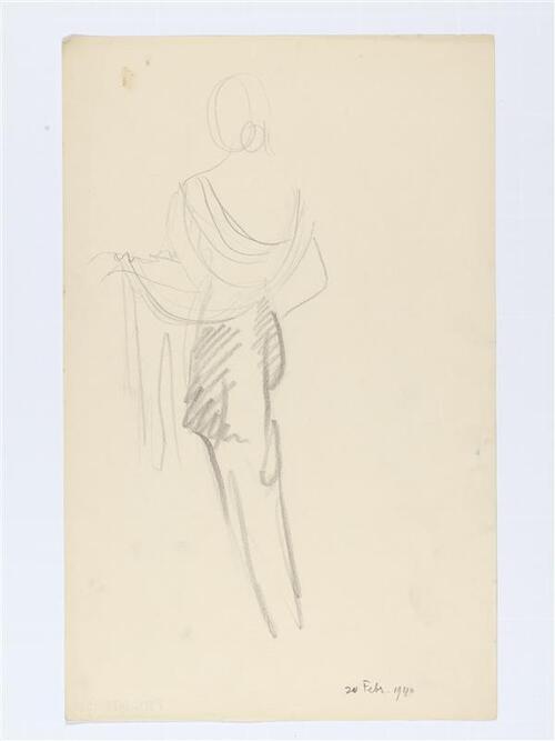 Modeltekening van vrouwfiguur in gedrapeerde kleding met slepende rok