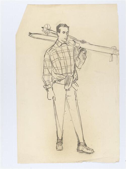 Illustratie van man met ski's over schouder