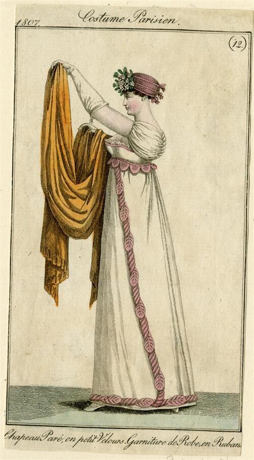 Costume Parisien 'Chapeau Paré, en petit Velours. Garniture de Robe, en Rubans'