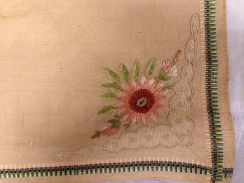 Fichu, beige katoen met ingeweven rand in groen, geel, wit, zwart en zalm. Hoekmotief geborduurd…
