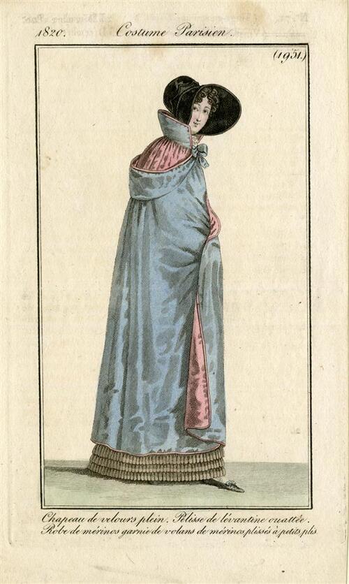 Costume Parisien 'Chapeau de velours plein. Pélisse de lévantine ouattée. Robe de mérinos garnie de…