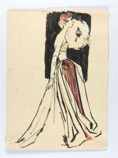 Illustratie van vrouw gekleed in strapless jurk met sleep bij kroning Elizabeth II