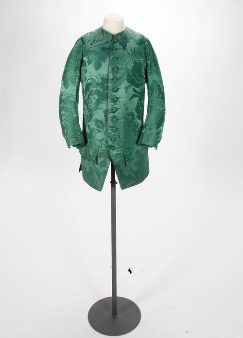 Mouwvest (man) of kamizool van groen zijdedamast, behorende bij kamerjas