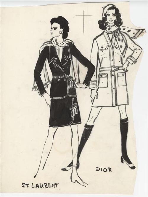 Modetekening met ontwerpen van Yves Saint Laurent en Dior