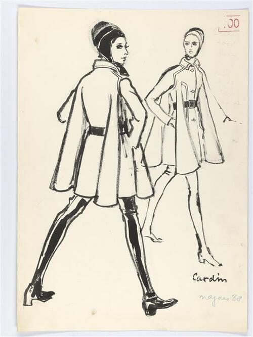 Modetekening van capemantel Cardin