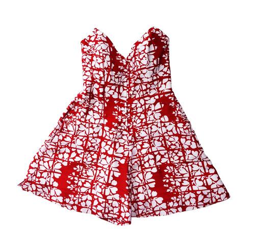 Robe culotte (broekjurk), in wit met rood, bladmotief, strapless model met baleinen