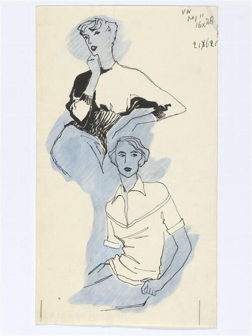 Illustratie van twee vrouwfiguren in respectievelijk trui en blouse