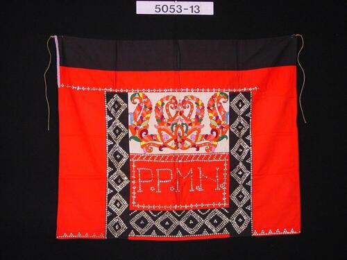 Rok met geborduurde ornamenten en pailletten die de tekst P.P.M.N. vormen
