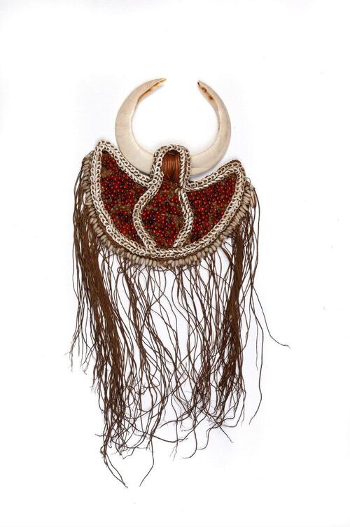 Breast adornment made of seed, pig teeth en nassa shells