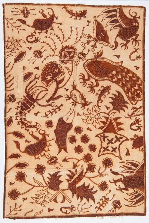 Doek, behoort tot een serie katoenmonsters die de verschillende fases van de batiktechniek laten…