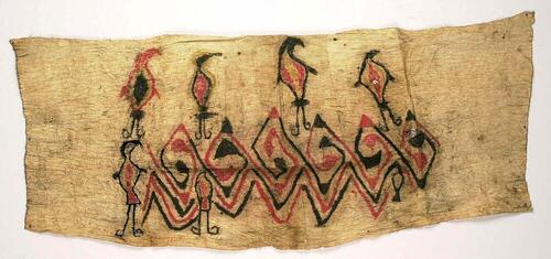 Painted barkcloth, decorated with a spiral pattern and birds
