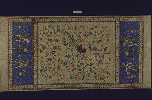 Katoenen schouderdoek met bloemen, fabelvogels en wajangfiguren