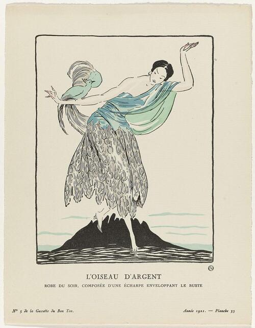 Gazette du Bon Ton, 1921 - No. 5 : L'oiseau d'argent / Robe du soir, composée d'une écharpe…