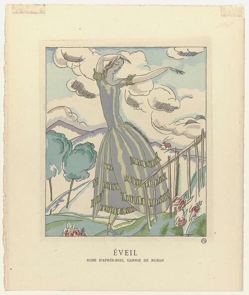 Gazette du Bon Ton, 1921 - No. 1, Pl. 2: Éveil / Robe d'apres-midi, garnie de ruban
