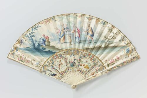 Vouwwaaier met blad waarop in aquarel Eliëzer, Rebecca bij de bron, op een montuur van gesneden en…