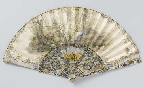 Vouwwaaier met blad waarop in aquarel Vertumnus & Pomona, op een gesneden en van bladzilver en -…