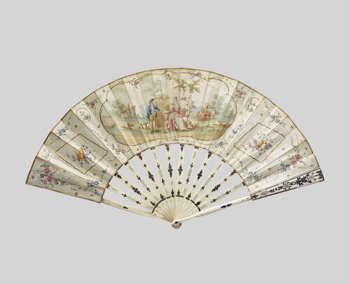 Vouwwaaier met een blad van papier (?) waarop in aquarel een cartouche met pastorale voorstelling,…